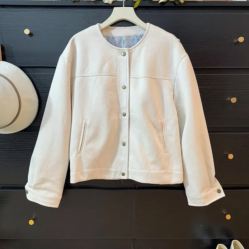 Korean style fashionable casual round neck long sleeved jacket women in spring loose and age reducing single breasted jacket