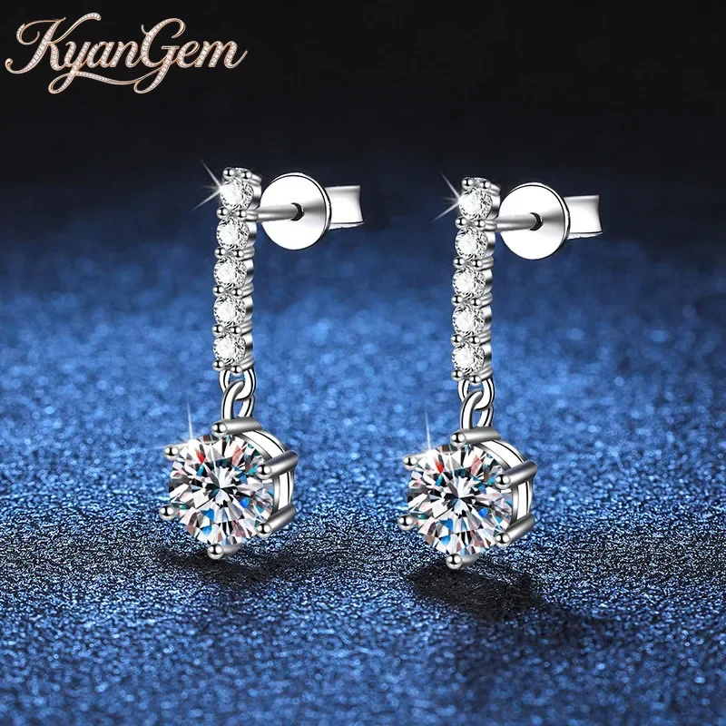 

KyanGem 18Kgold Inlaid Diamond Earrings, Classic Tassel Six Claw Single Button PT950 Platinum 1 Carat Moissanite Earrings