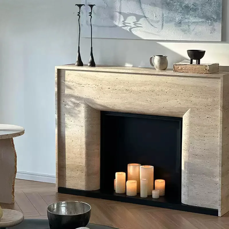 Marble fireplace European simple retro natural travertine living room medieval stone