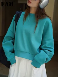 [EAM] Blue Beige Short Casual Sweatshirt New Round Neck Long Sleeve Women Big Size Fashion Tide Spring Autumn 2023  1DH7216