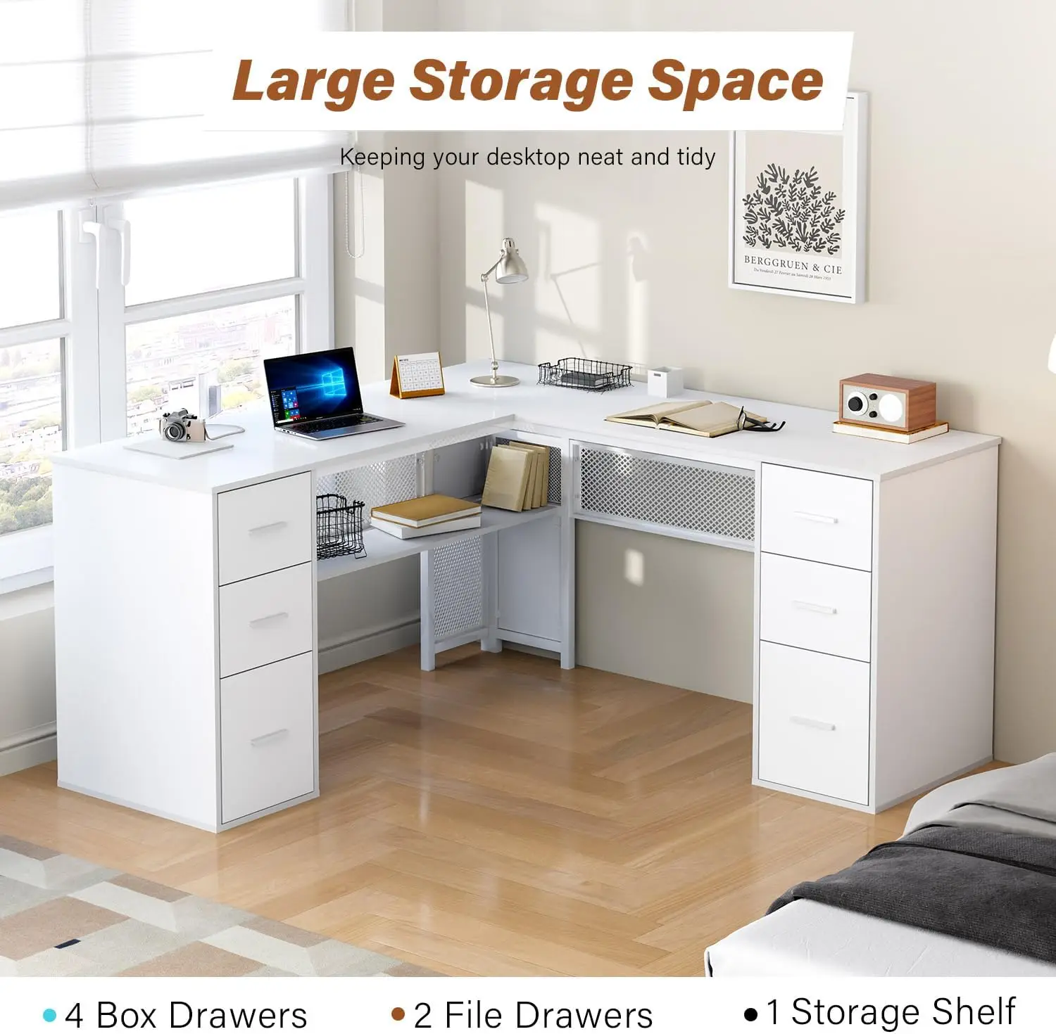 مكتب أبيض على شكل حرف L مع أرفف أدراج، خزانة ملفات تخزين كبيرة لزوايا المكتب المنزلي، مكتب خشبي معدني حديث