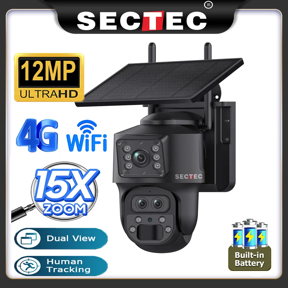 SECTEC Solar Camera 4G SIM/WIFI 6K 12MP 15X ZOOM Three Lens Recording Dual Screen Human Auto Tracking Color Night Vision UBox