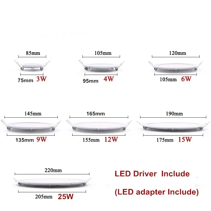 Ultra Thin LED Panel Downlight 3W 6W 9W 12W15W 25W Round LED Ceiling Recessed Light AC85-265V LED Panel dimmable lamps