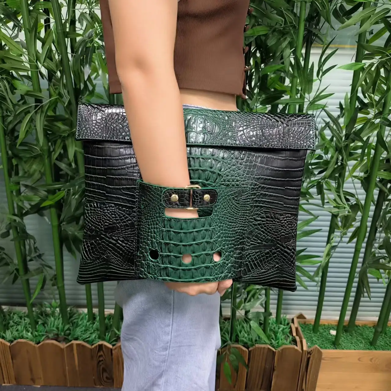 Grand sac à documents vert crocodile pour femme, dossier A4, sac pour ordinateur portable, poudres, étui à bombes d\'affaires, mode