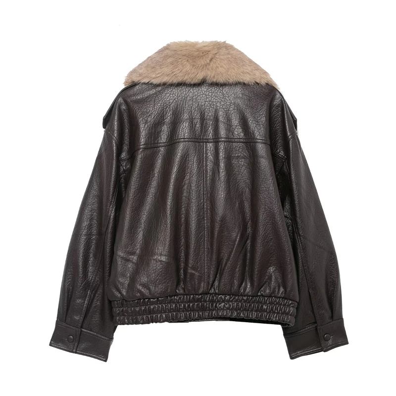Women's Jacket 2025 New Fashion Autumn Winter Brown Detachable Faux Fur Collar Leather Jacket Casual Chic Ladies Coat