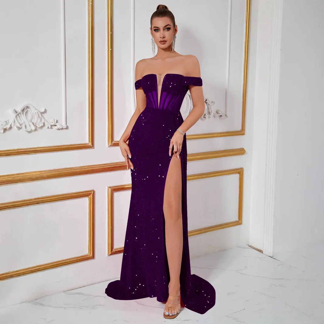 

iny Sequin Ele Pure Color одно плечо Dr сексуальное вечернее платье с завязкой на талии для пар средней талии длиной до пола Dr