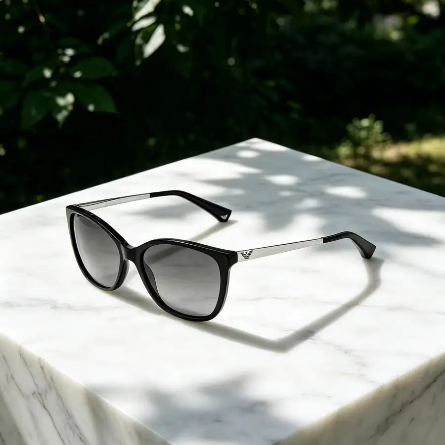 Emporio Armani EA4025F Cat-Eye Sunglasses Gloss Black Acetate Frame White Contrast Temple Gradient Brown UV400 CAT.3 Sunglasses