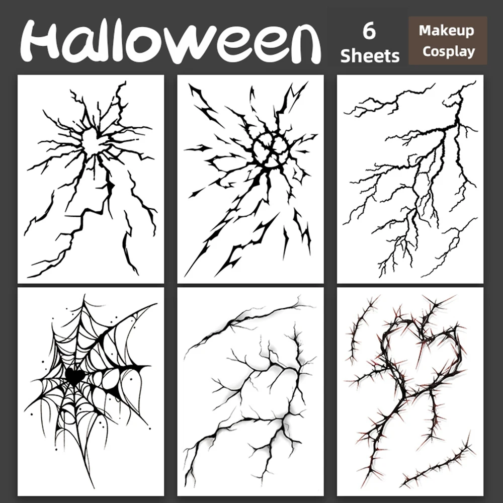 6 Blätter Halloween Schwarze Blitzeffekt-Tattoos, Dekoration für Maskerade, Scherze, Cosplay, Nachtclub & Musikfestival – Detail 4