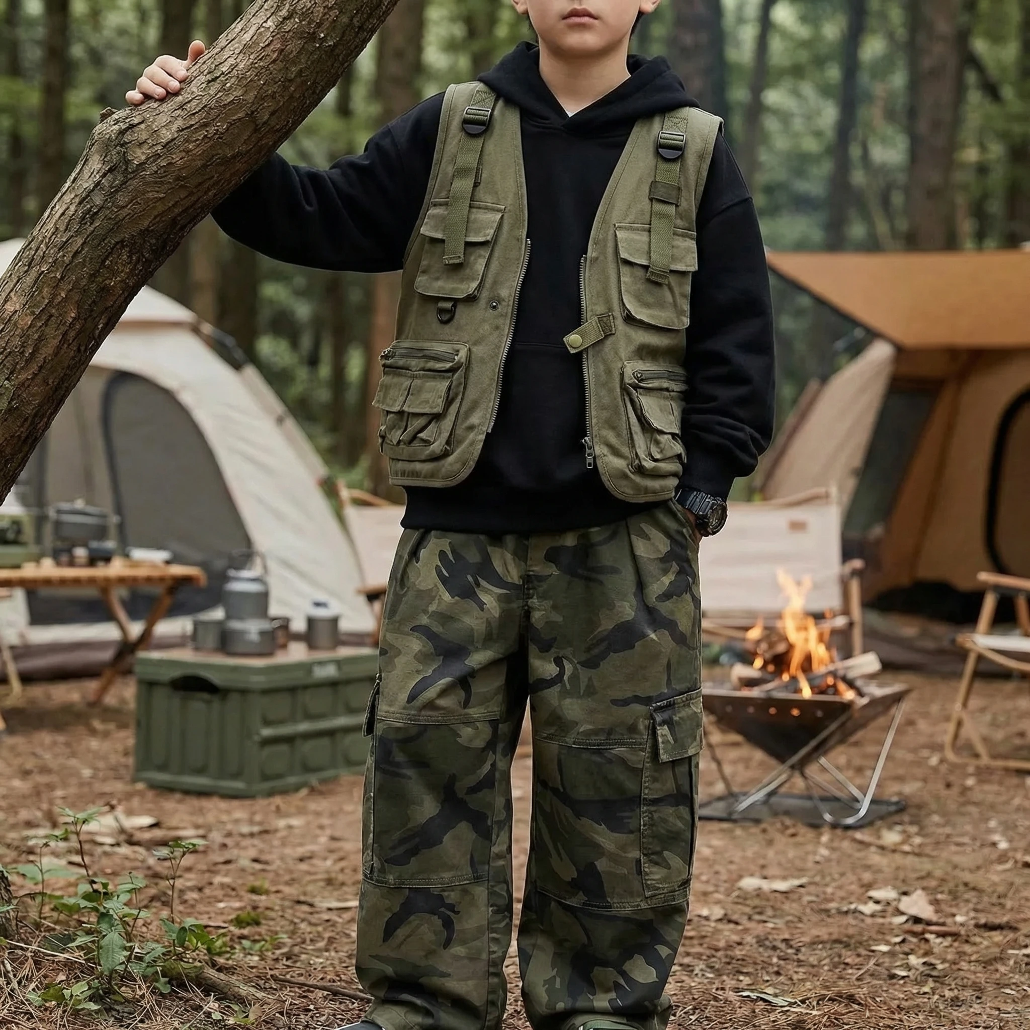 New Spring Childrens Pants Trendy Camouflage Cargo Pants for Boys with Multi-pocket Elastic Waist Loose Pants