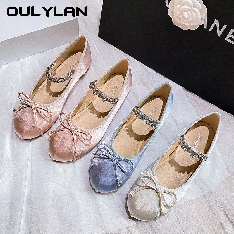 Ladies Round Toe Flats Woman Bowtie Silk Ballets Shoes Female Loafers Wedding Brides Shoes Rhinestone Band Mary Janes