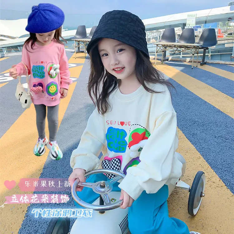 

Girls' Sweater Pure Cotton 2022 Autumn Little Pure Terry Base Clothing Loose Flower Three-Dimensional Autumn and Winter