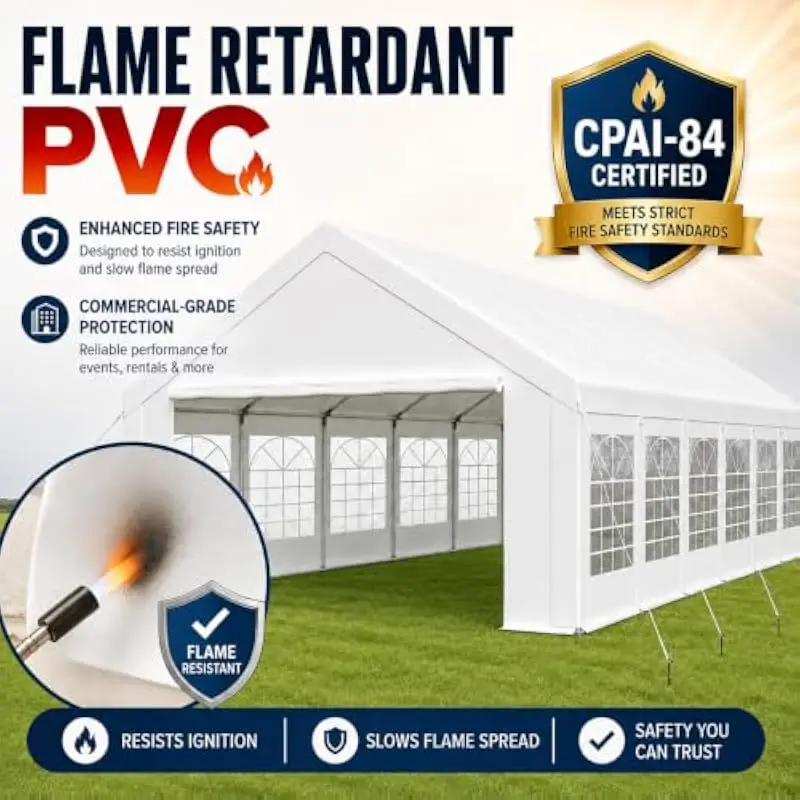 20x40 FT Rectangular Waterproof Canopy with CPAI-84 Flame Retardant PVC Top UV50 Protection Galvanized Steel Frame Wind Rated Le