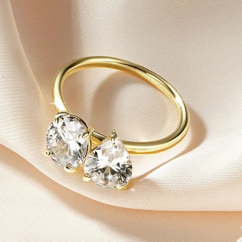 Lnngy 7 x 9 mm ovaler/birnenförmiger klarer Zirkon-Ring, exquisites Design mit zwei Steinen, verstellbare Ringe für Frauen, 2026 Trend-Schmuck, Geschenk – Detail 3