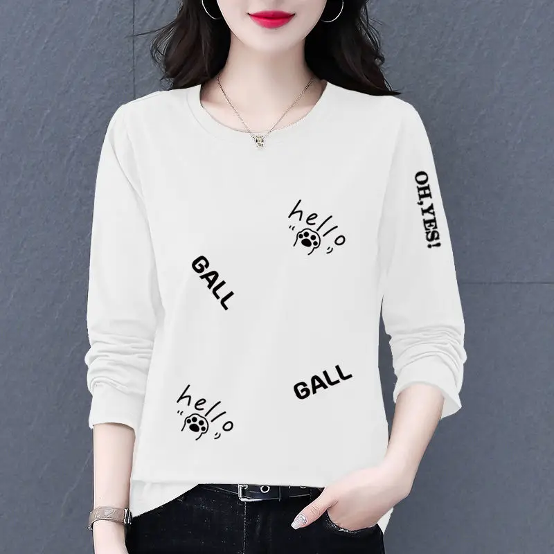 

Spring Autumn Letter Cartoon Printing Lantern Long Sleeve Round Neck Women's Pullover T-shirt Casual Loose Trendy Commute Tops