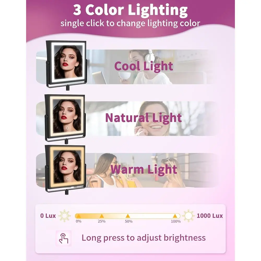 مرآة زينة LED مزدوجة الجوانب، بطارية 4000 مللي أمبير، 360 درجة ° ذراع قابل للدوران، قابل للتعتيم باللمس، 3 ألوان فاتحة، أسود مطفي #6