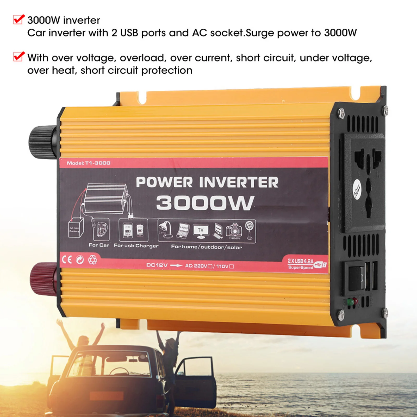 Car Inverter 3000W Dual USB Auto Power Converter Modified Sine   Car Power Converter Car Power