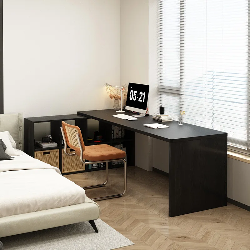Black solid wood L-shaped corner table bookcase integrated computer desk bedroom home e-sports table
