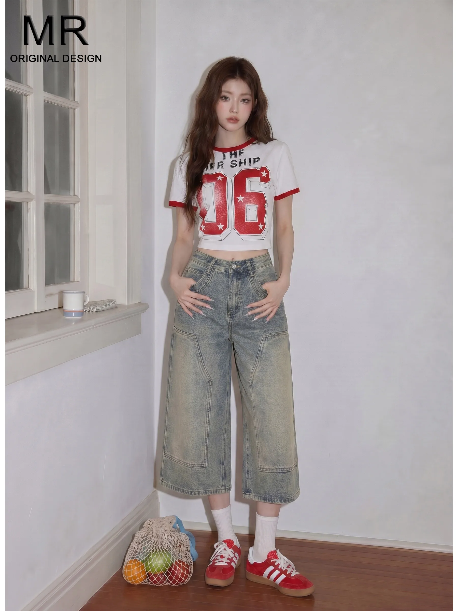 

Retro Blue High Waist Wide Leg Seven-Foot Denim Jeans Women's Loose Lazy Straight Cut Summer Slimming Casual Jeans