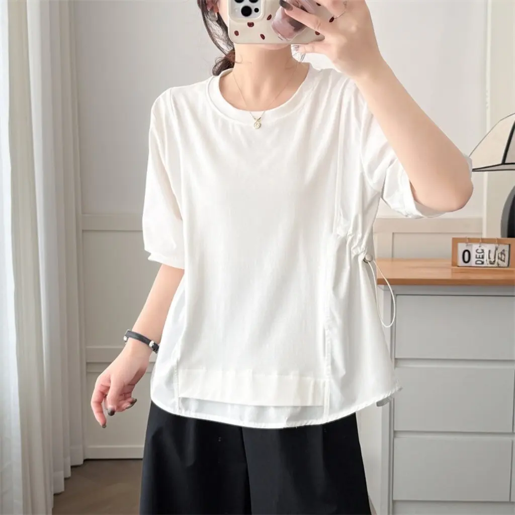 

Женская повседневная футболка больших размеров с коротким рукавом и талией, скрывающий черный, белый однотонный хлопковый топ для лета, полных девочек