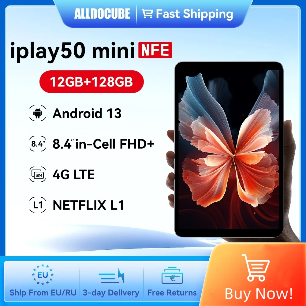 Alldocube iPlay50 미니 태블릿, 안드로이드 13, 넷플릭스 L1 가상 메모리, 8GB + 4GB RAM, 128GB ROM, 4G 듀얼 심 카드, 8.4 인치 