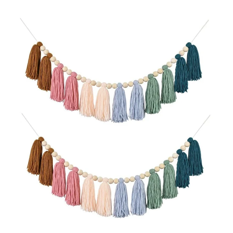 2PCS Rainbow Boho Tassel Garland with Wood Beads Colorful Wall Hanging Garland Party Baby Shower