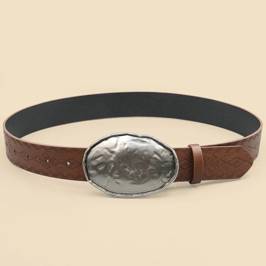 Brown Vintage Printed Casual Pu Belt - Distressed Oval Buckle Design, Classic Decorative Waistband