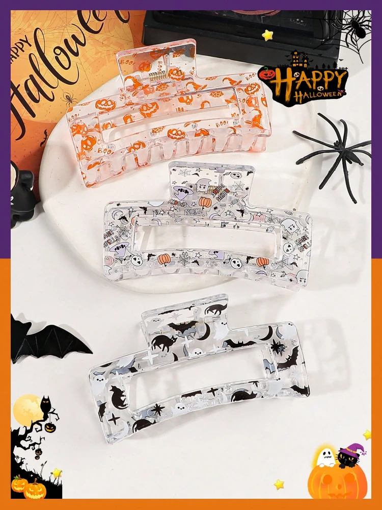 

3pcs Halloween Pumpkin Ghost Witch Hat With Star Moon Elements Printed Transparent Hair Clips Friend Gifts Halloween