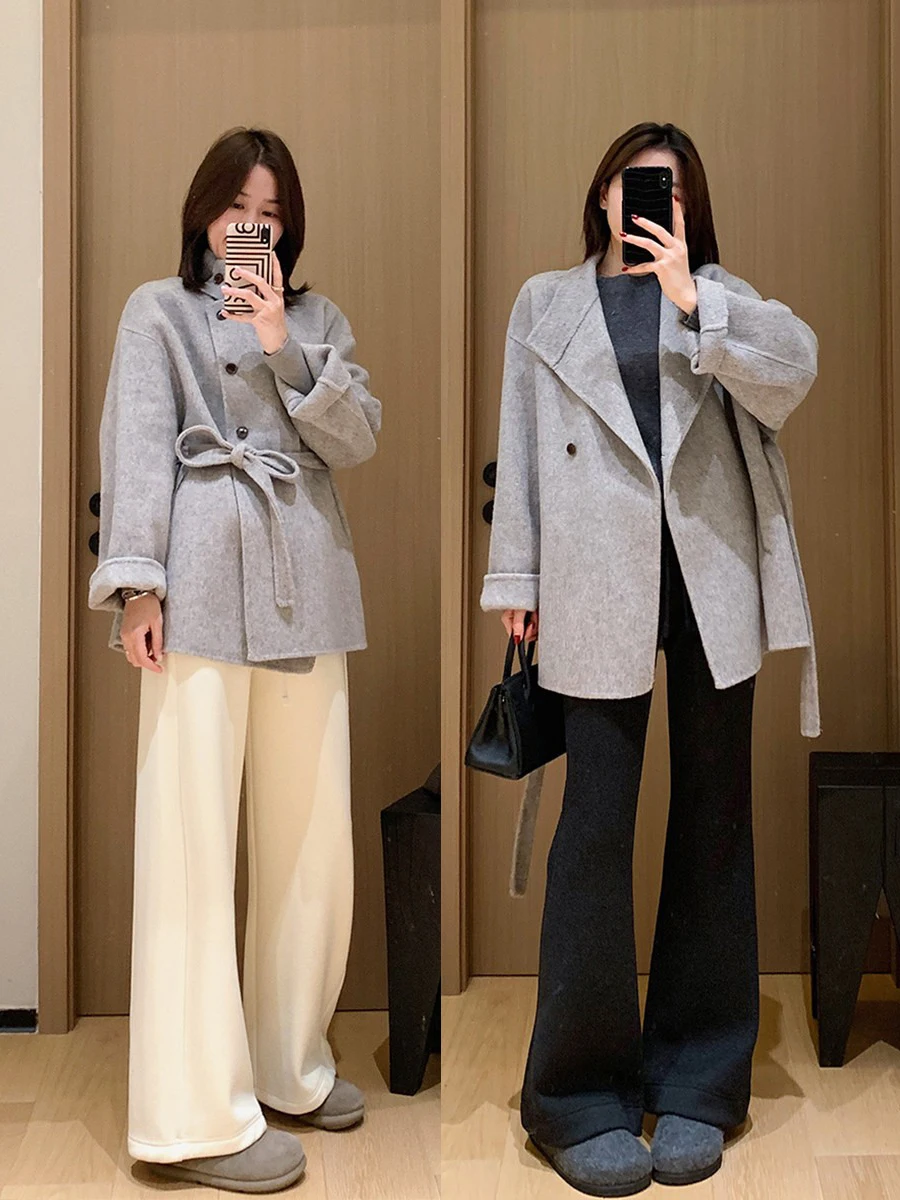 

Ele Thiened Double-Faced Woolen Coat with Belt Design Goat Camere Long Sve Mid-Length Open Sle for Women