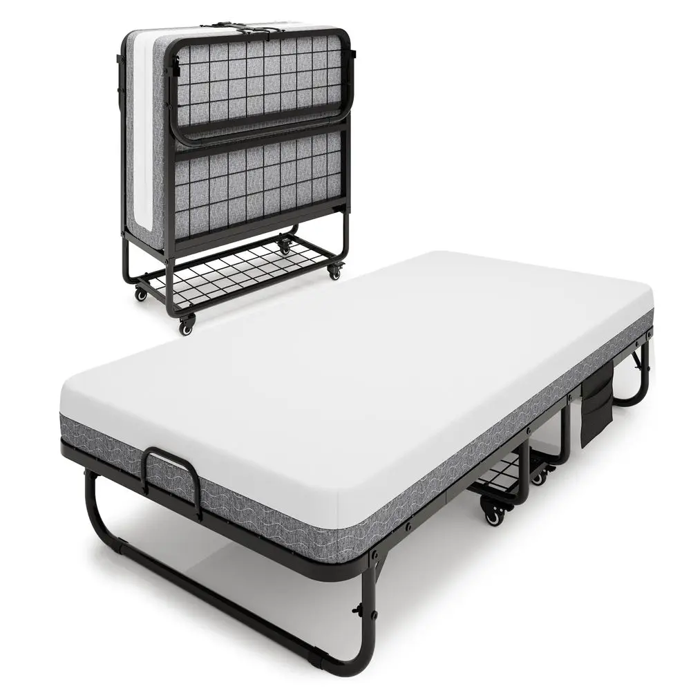 

Folding Bed with Mattress, 76 x 38 Portable Foldable Bed with Side Pocket amp Storage Shelf, Twin Rollaway Beds for Adults, Fol