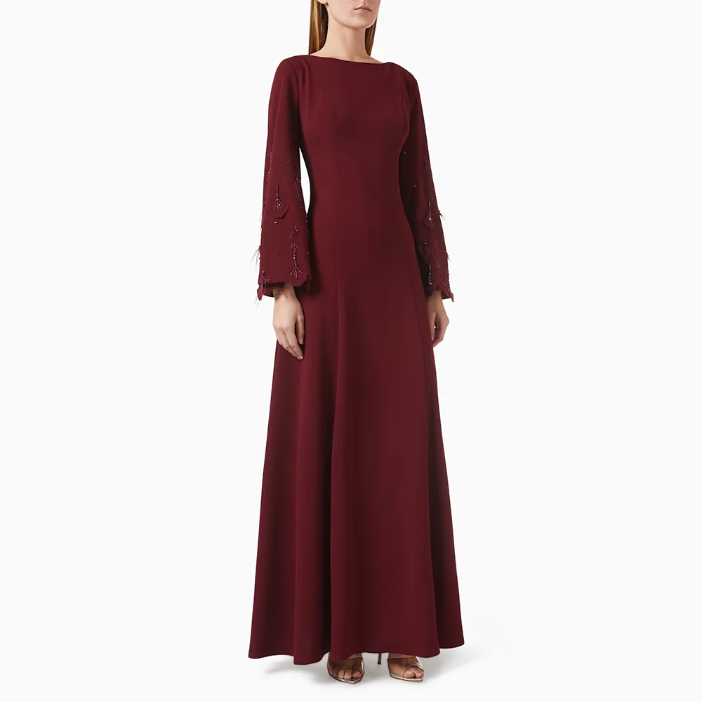 

Burgundy Evening Dress Customized Long Sleeves Beading Feathers Ankle Length A Line Prom Gown Formal Party Dresses
