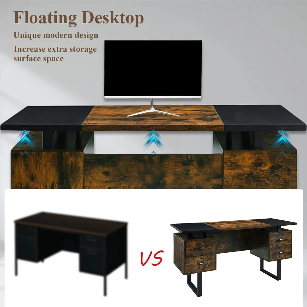 Vintage Study Gaming Table com gavetas de armazenamento, 59 "L Contemporâneo, Home Office, mesa para laptop com mesa flutuante, 4 gavetas de armazenamento