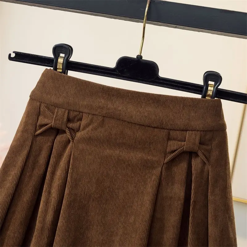 Korean Fashion Autumn/Winter Women\'s Solid Corduroy Elastic High Waist Solid Bow Pleated Vintage Casual Mid-length A-line Skirts