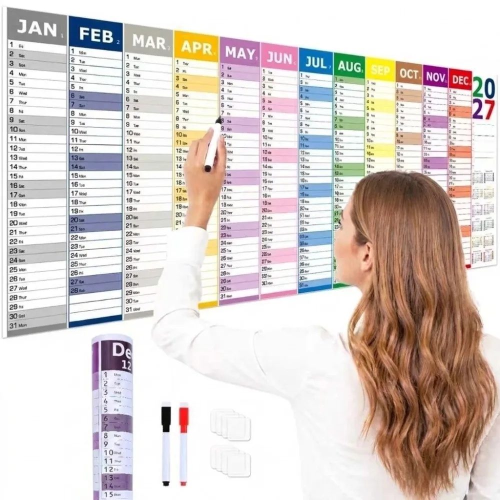 Large Size 2027 Wall Calendar Colorful Notes English 12 Month Calendar Full Year Thick Paper Monthly Planner Calendar School