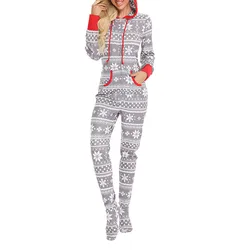 Christmas Pajamas Women'S Fleece Covered Feet Hooded One-Piece Pajamas Polyester Cotton Long Sleeve Winter Homewear Lounge Set