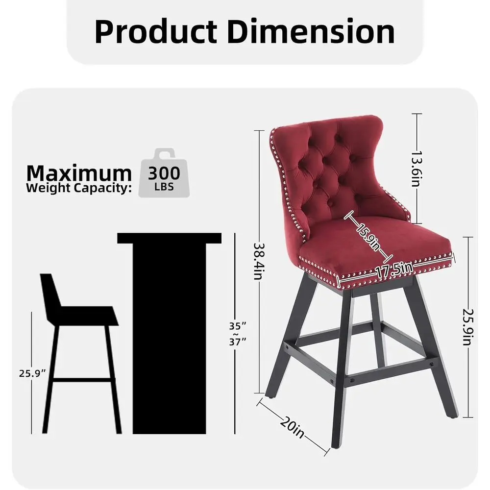 Swivel Counter Height Bar Stools Set of 2, Upholstered with Button-Tufted Back, Rivet Trim, Solid Wood Legs, 26 Seat Height, Win view 3