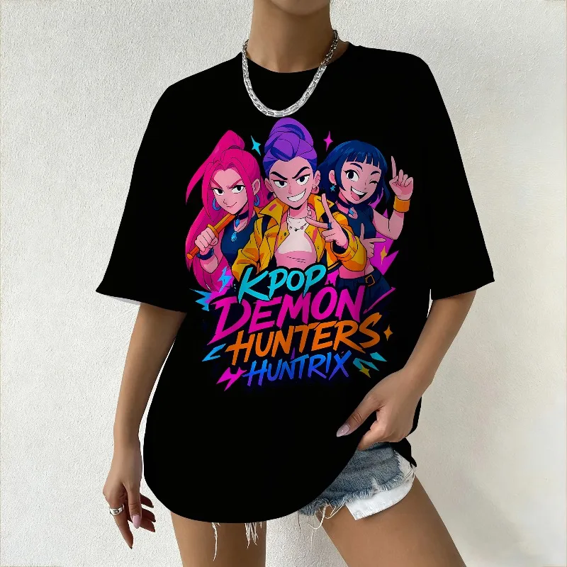

Женская летняя футболка KPop Demon Hunters с ярким мультяшным групповым принтом, модная уличная одежда, модная повседневная повседневная футболка, топ Y2k