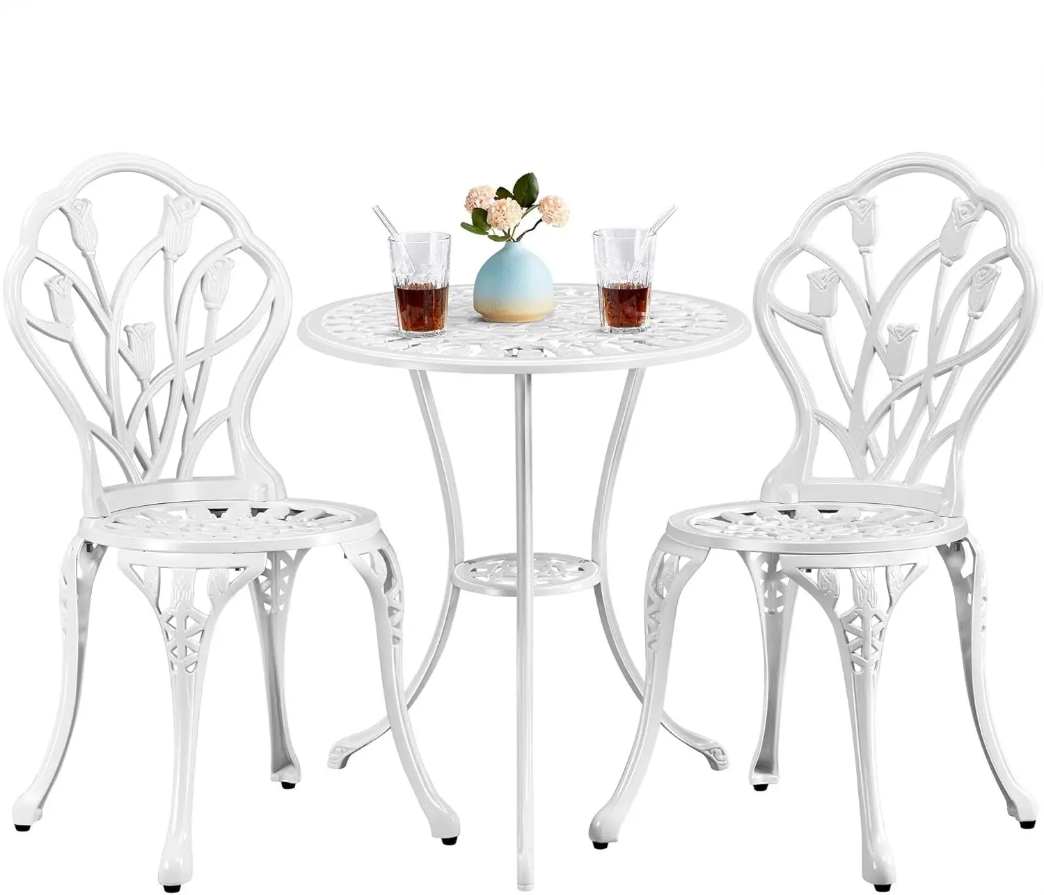 3-teiliges Outdoor-Bistro-Set mit Blumenmuster, rostbeständiger Tisch und Stühlen aus Aluminiumguss mit Schirmloch für den Balkon