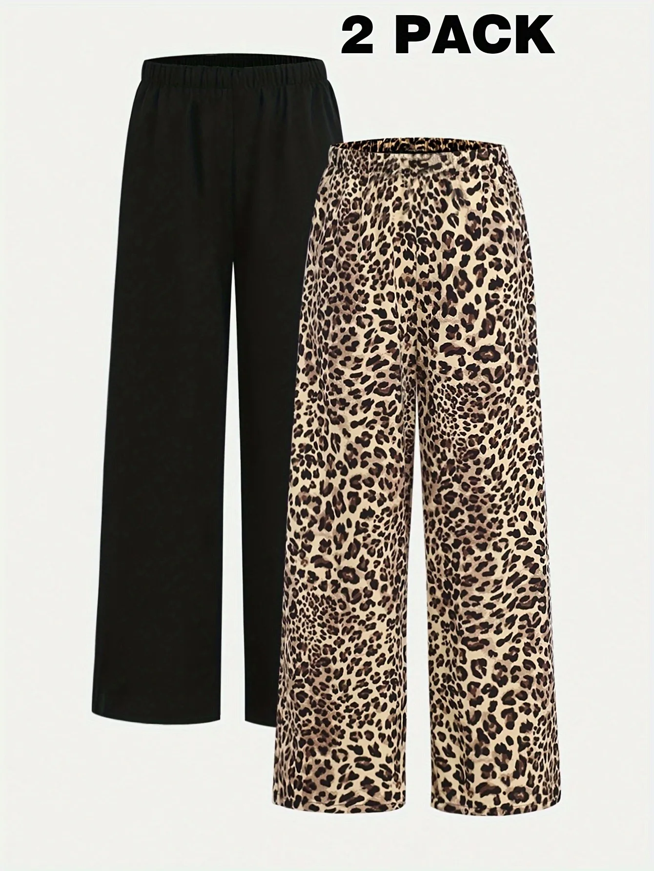 Trendy Girls 2‑Pack Leopard Print & Solid Wide Leg Pants Elastic High Waist Loose Trousers For Vacation Street Daily Outfits