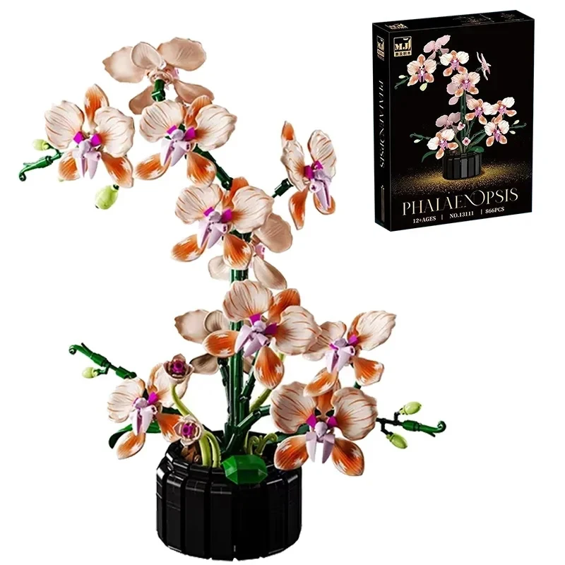 

866 шт., строительные блоки с орхидеей, букет бессмертных цветов с вазой, модель кирпича, украшение дома, детские игрушки «сделай сам», праздничные подарки