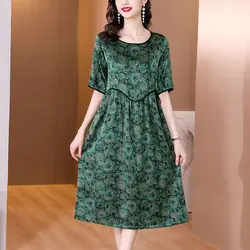 2023 New Summer Fashion Trend Loose Relaxed Round Neck Print Shows Slim and Western Style Mom's Top Grade Ice Silk Dress