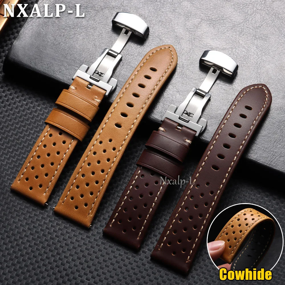Universal Genuine Watch Band 18 20mm 22mm 24mm Butterfly Buckle Vintage Oil Wax Cowhide Strap for Men Women Breathable Bracelet