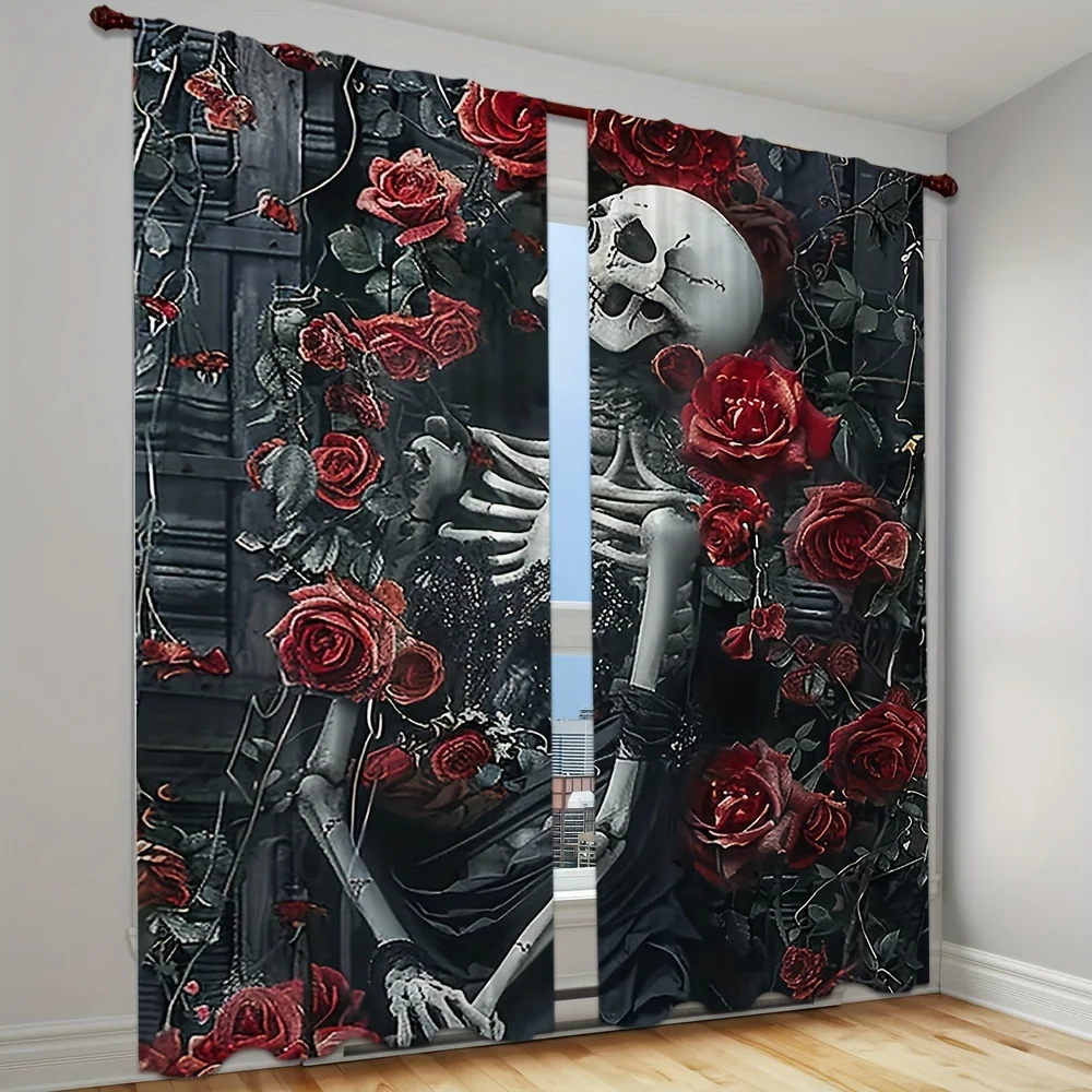 Skull and Red Rose Semi-Blackout Curtain Panels Contemporary Gothic Style 2-Piece 100% Polyester Drapes for Bedroom Window