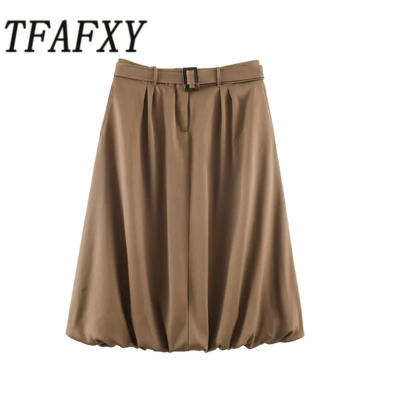 TFAFXY With Belt Women Skirts 2026 Spring Thick Zipper High Waisted Balloon Shaped Midi Skirt Female Long Skirt Y2K