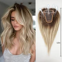 100% de cabello humano Remy ombré marrón dorado, Base de encaje con Clip en peluca para mujer, extensiones de cabello liso de 12 pulgadas