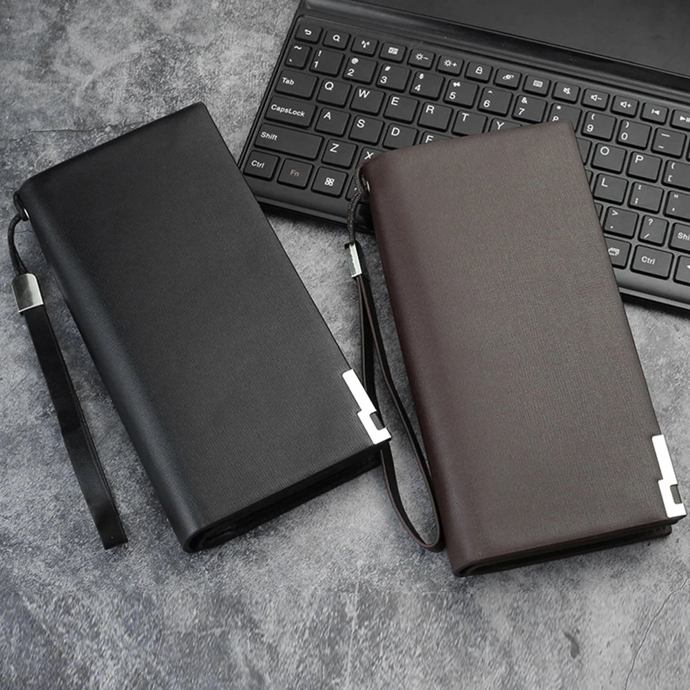 سعة كبيرة للرجال، محفظة طويلة بسحاب من البولي يوريثان الفاخر، متعددة السعة، فتحات للبطاقات، حقيبة تخزين للهاتف باللون الأسود