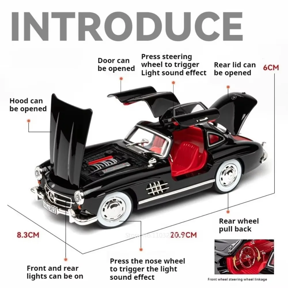 1:24 300SL W140 alliage modèle jouets moulé sous pression voiture avec son lumière retirer portes ouvertes modèles miniatures classique jouet cadeaux pour les garçons