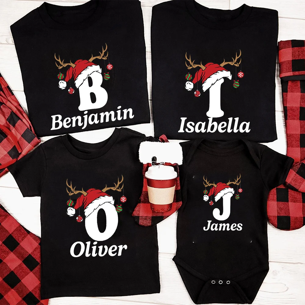 Personalized Christmas Family Matching Shirt Initial with Name T-shirt Dad Mom Sister Brother Shirts Tops Baby Bodysuit Romper