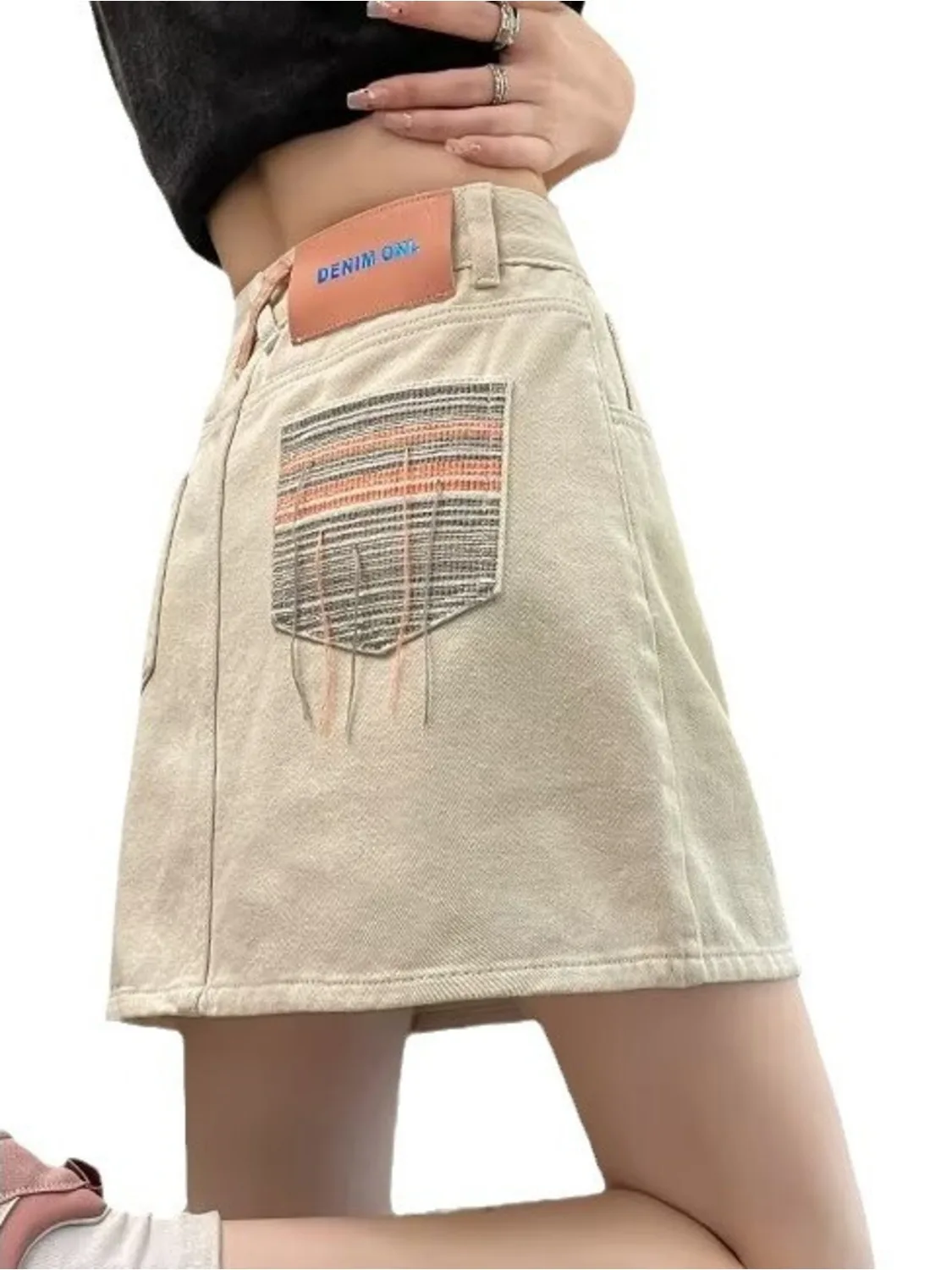 

Women's Vintage Washed Denim Skort High Waist Contrast Pocket Skirt with Built-in Shorts 2 Colors XS-3XL