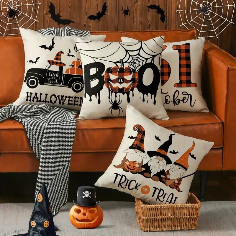 

45x45cm Set of 4 Halloween Home Throw Pillow Case Pumpkin Cushion Case for Sofa Couch Decorations