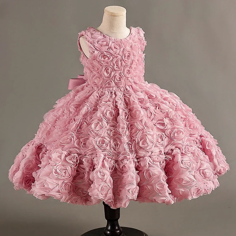 Girl Luxury Pageant Tulle Short Evening Gown Champagne Pink Elegant Birthday Party Dress for Kids Children Cute Princes